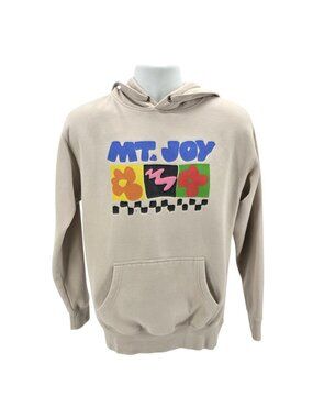 Mt Joy Adult Medium Checker Hoodie Cotton Heritage Graphic Spell Out Beige